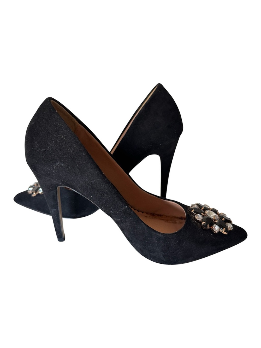 Head Over Heels Black Suede Pointed Crystal-Embellished Pumps
